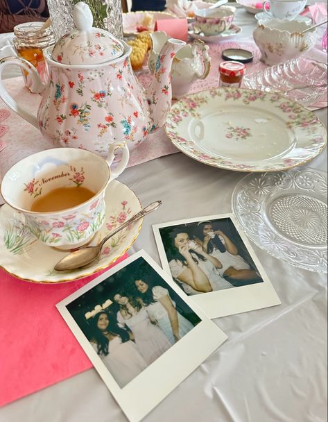 teacups, polaroids, flowers, tea cakes, english tea, spring, birthday, pink Afternoon Tea Birthday Cake, Sweet 16 Tea Party, Tea Party Activities, Tea Party Attire, Tea Party Menu, Pink Tea Party, Spring Tea Party, Cocktail Party Themes, Flowers Tea