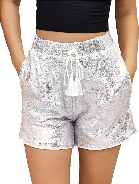 UOIGHF Women's Sequins Shorts Elastic Waist Sparkly Straight Leg Shorts Glitter Party Shorts Hot Pants Party Black(A2317-Black-M at Amazon Women’s Clothing store Gold Sequin Shorts, Sequin Pant, Sparkly Shorts, Sparkle Shorts, Glitter Shorts, Outfits Fiesta, Taylor Swift Outfits, A Line Shorts, Sequin Jacket