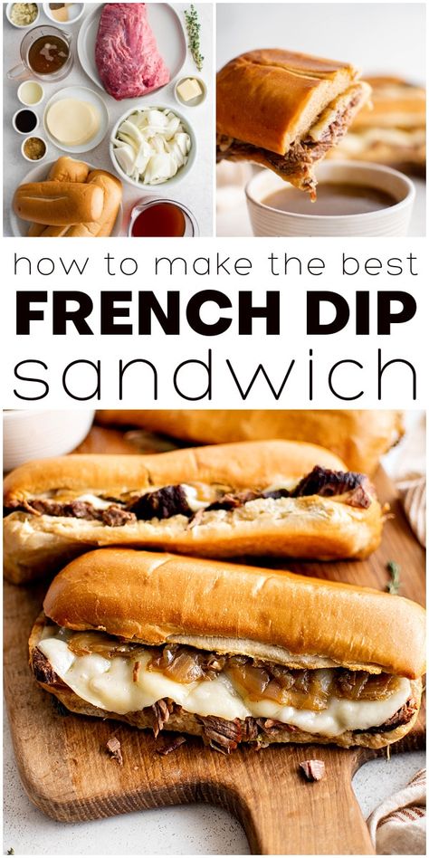 This easy French Dip Sandwich is made with perfectly cooked, melt-in-your-mouth chuck roast served on crusty bread with melty cheese and cooked onions. Dipped in leftover cooking gravy (au jus), it's a simple, comforting classic loaded with amazing flavor! Low Sodium French Dip Sandwich, French Dip Sandwich Dutch Oven, Authentic French Dip Sandwich, Healthy French Dip Sandwich, Crockpot Frenchdip Sandwiches, Cooking In The Midwest French Dip, Au Jus French Dip Sandwich, French Onion French Dip Sandwich, French Dip And Swiss Sandwiches