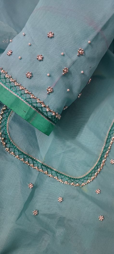 Fancy Embroidery Blouse Designs, Simple Neck Maggam Designs, Blouse Pearl Work Designs, Golden Work Blouse Designs, Simple Beads Works On Blouse, Simple Aari Work Blouses, Pearl Maggam Work Blouse Designs, Simple Blouse Aari Work, Simple Hand Work Blouse Design For Silk Saree