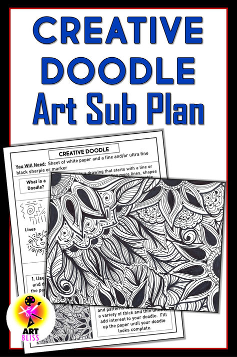 One page simple, low prep art sub for middle or high school. Students create personal doodle.  #patternkids #patternartlesson #artsubplans #lowprepartlesson #middleschoolartideas #highschoolartsubplan Art Lessons High School, Creative Doodle Art, Art Sub Lessons, Art Sub Plans, High School Art Lessons, High School Art Projects, Sub Plan, Classroom Art, Doodle Drawing