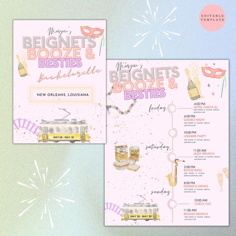 New Orleans/Bachelorette Weekend Invitation/Itinerary/Digital/Beignets/Printable - Bachelorette Party - Instant Download/Editable Template New Orleans Bachelorette, Bachelorette Party Itinerary, Bachelorette Weekend Itinerary, Bachelorette Weekend Invitations, Bachelorette Itinerary, Lingerie Party, Bachelorette Weekend, Beignets, Hen Party