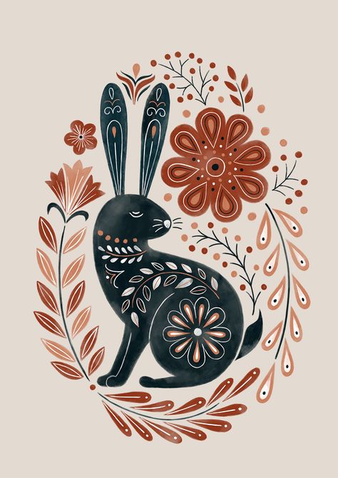 Folk Rabbit, Rabbit With Flowers, Modern Folk Art, Pottery Patterns, Arte Folk, Posca Art, Traditional Embroidery, Folk Art Flowers, Art Populaire