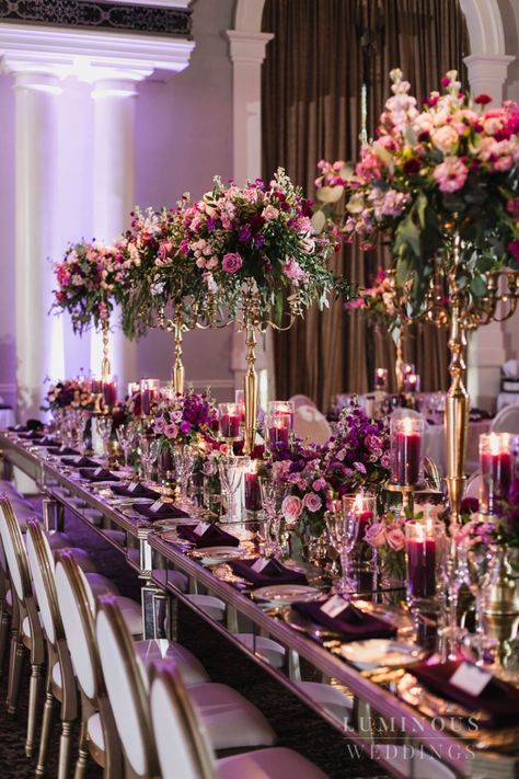 detail of table decor at luxury wedding at Liberty Grand in Toronto, Ontario. Wedding Elegant Table Settings, Luxury Wedding Table Settings, Classic Glamour Wedding, Table Setting Wedding Elegant, June Wedding Ideas, Royal Themed Wedding, Small Elegant Wedding, Purple Scheme, Royalty Wedding Theme