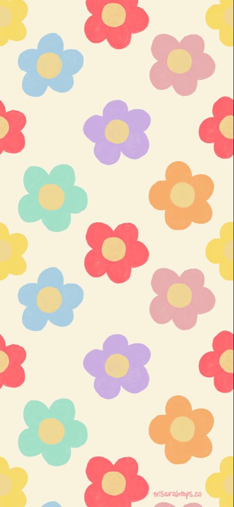 Red flowers, purple flowers, pink flowers, orange flowers, yellow flowers, green flowers, repeating flower pattern, digital wallpaper Cute Cartoon Flower Wallpaper, Doodle Flower Wallpaper, Retro Daisy Wallpaper Iphone, Aesthetic Daisy Drawing, Easy Flower Pattern Drawing, Simple Flower Drawing Wallpaper, Flower Background Cartoon, Spring Flower Drawing Easy, Flowers Aesthetic Cartoon