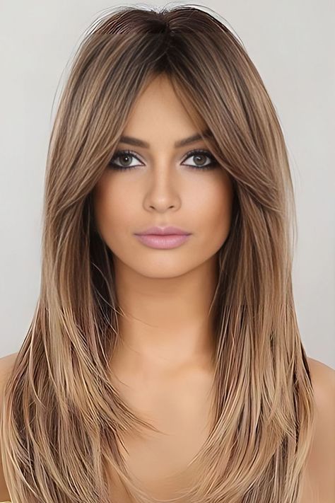 Round Face Haircut For Long Straight Hair Haircut Layer With Bangs, Pics To Show Hairdresser Layers, Balayage, Long Haircut With Layers Round Face, Women Haircut With Curtain Bangs, Long Layer Side Bangs, Long Curtain Bangs On Long Hair, Long Hair Styles With Layers And Bangs, Curtain Bangs On Plus Size Women