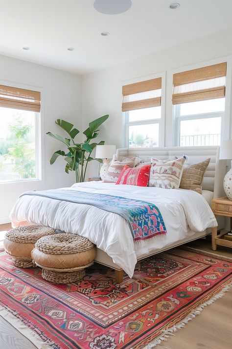 90+ Boho Bedroom Decor Ideas Filled With Eclectic Charm Global Bedroom Decor, Eclectic Bedroom Furniture Ideas, Boho Bedroom White Furniture, Ethnic Bedroom Design, Colorful Boho Aesthetic, Beige Bed Frame Room Ideas, Red Boho Bedroom, Neutral Bedrooms With Pop Of Color, Eclectic Bedroom Furniture