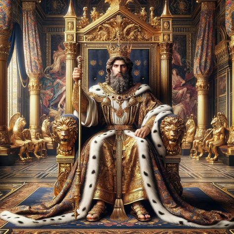 A majestic portrayal of King David sitting on a grand throne in a royal court. Adorned in regal robes and a crown, holding a scepter. The throne room is richly decorated with intricate tapestries and golden accents, reflecting the splendor of his kingship. David's expression is wise and confident. King Sitting On A Throne Reference, Kings Throne Chair, King On A Throne Art, King Painting Art, Person On Throne, King In Throne, King Sitting On Throne Pose, King Sitting On Throne, Sitting In A Throne