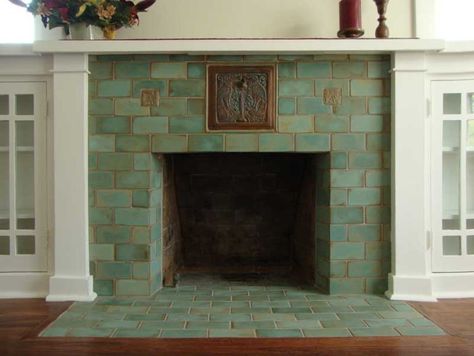 Revival Hearths | Arts & Crafts Homes and the Revival Craftsman Fireplace, Craftsman Tile, Arts And Crafts Tile, Green Tiles, Fireplace Tile Surround, Craftsman Interior, The Mantle, Patio Fireplace, Arts And Crafts House