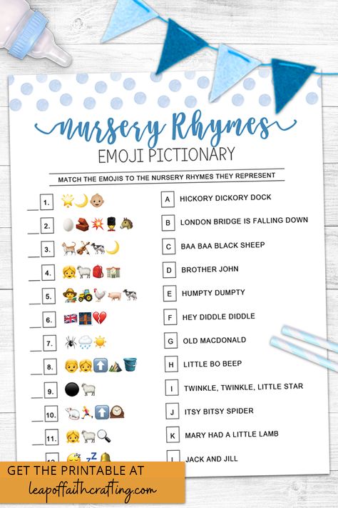 Instant download of a nursery rhyme emoji game printable to print at home! Four different design options to choose from. Nursery Rhyme Baby Shower Game, Free Nursery Rhymes, Nursery Rhyme Game, Nursery Games, Emoji Quiz, Emoji Game, Nursery Rhymes Games, Baby Shower Games Unique, Baby Shower Party Games