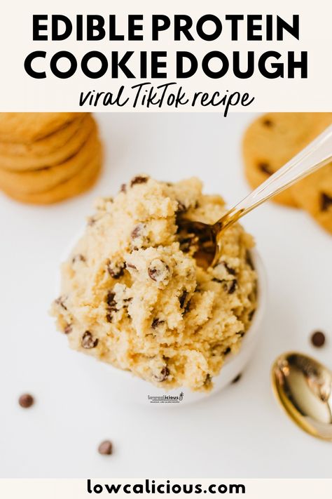 This Edible Protein Cookie Dough with Cottage Cheese is a tasty high protein snack! It’s the viral cottage cheese cookie dough you’ve seen on TikTok that everybody is going nuts for! It’s made with simple ingredients and takes less than 10 minutes to make. Roll into balls to make Edible Protein Cookie Dough Bites! They’re great for meal prep too. Protein Cookie Dough recipe from @lowcalicious - visit lowcalicious.com for more delicious low calorie recipes and free healthy weekly meal plans. Cookie Dough With Cottage Cheese, Edible Protein Cookie Dough, Low Calorie Cookie Dough, Cookie Dough Healthy, Edible Cookie Dough Healthy, Protein Cookie Dough Bites, Cottage Cheese Cookie Dough, Protein Cookie Dough Recipe, Protein Powder Cookies