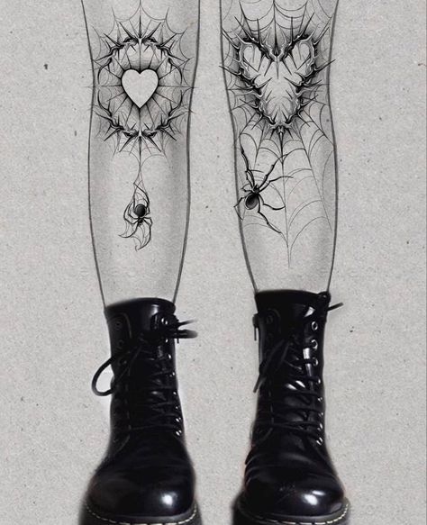 Tattoo Words In Spiderweb, Creepy Cool Tattoos, Gothic Linework Tattoo, Heart Spiderweb Knee Tattoo, Dark Edgy Tattoos, Goth Line Tattoo, Alt Leg Tattoos, Goth Leg Tattoo Ideas, Spider Web Armpit Tattoo