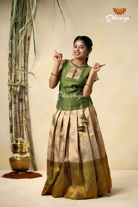 Traditional Green Semmal Pattu Pavadai For Girls Quick overview :  Skirt Color  : Green  Sleeve Type : Normal Sleeve Material      : Banaras Wash Care  : Dry wash | Do not wrinkle | Low iron. Pattu Pavadai Designs Women, Langa Models, Blouse Designs For Kids, Langa Blouse For Kids, Girls Pattu Pavadai Designs, Kids Pattu Pavadai Designs, Pattu Pavadai Designs, Kids Pattu Pavadai, Pavadai Sattai