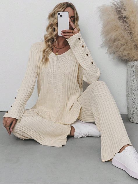 Women's Solid Color V-Neck Long Sleeve Sweater And Elastic Waist Knitted Pants Casual Suit Apricot Casual    Plain Pants Slight Stretch  Women Clothing, size features are:Bust: ,Length: ,Sleeve Length: Casual Clothes, Knit Sets, Open Front Top, Knit Set, Cami Dress, Two Piece Outfit, Womens Fashion Casual, Casual Outfit, Front Open