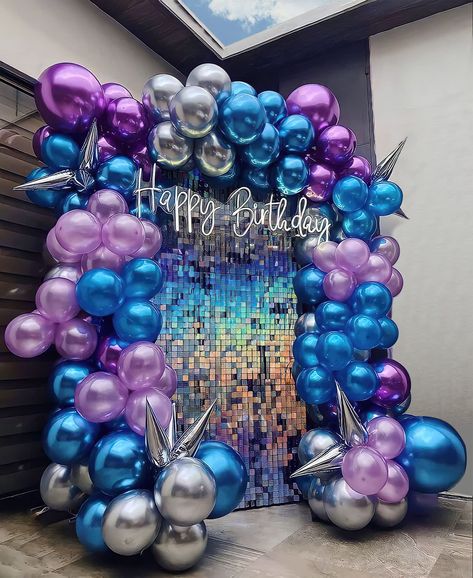 Chrome Pink Birthday, Party Set Up Ideas Birthday, Purple Green And Gold Birthday Party, Euphoria Party Backdrop, Backdrop Ideas Sweet 16, Neon Sweet 16 Ideas Blacklight Party, Purple 30th Birthday Ideas, Purple Sweet 16 Table Decorations, Purple Party Theme Ideas