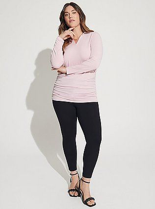 Plus Size Studio Knit Collared Ruched Long Sleeve Shirt, BLEACHED MAUVE Torrid Outfits, Open To Receiving, Dressy Clothes, Layered Cami, Studio Knit, Doll Blouse, Ruched Top, Cold Shoulder Long Sleeve, Career Wear