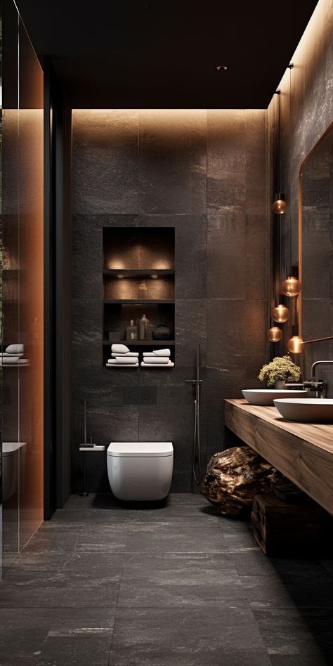 Small Dark Bathroom, Black Bathroom Floor, Wc Decoration, Black Tile Bathrooms, Masculine Bathroom, Ideas Baños, Black Bathroom Decor, تصميم داخلي فاخر, Bathroom Design Black