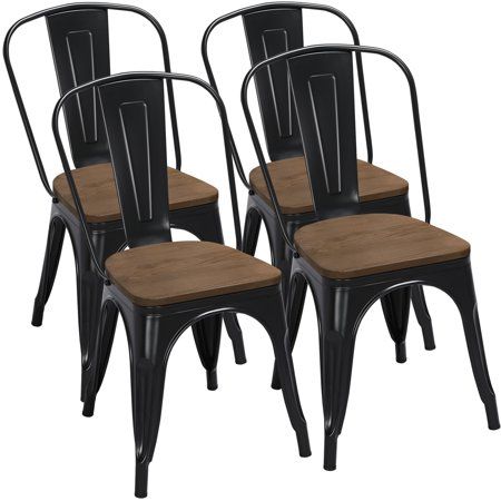 These side chairs are stackable for saving space and easy to organize.Our modern dining chairs feature solid wood seats with natural wood grain. It is easy to clean and match your other house furniture. The wooden seat has a cross support at the bottom, which greatly increases the stability. Metal side chairs with simple style and classic color will add terrific atmosphere to your house or restaurants. These armless chairs can be used in bistros, patios, cafs, shopping malls, dining rooms, and k Chaise Restaurant, Metal Dining Chair, Coffee Chairs, Black Chairs, Stackable Dining Chairs, Chaise Metal, Indoor Chairs, Metal Dining Chairs, Dinning Chairs