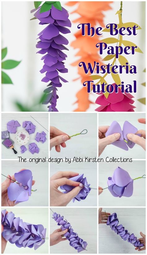 How to make paper flower wisteria - step by step wisteria tutorial. The original design by Abbi Kirsten Collections. Idee Babyshower, Fleurs Diy, Easy Paper Flowers, Kraf Diy, Paper Flower Crafts, Seni Origami, Paper Flowers Craft, Paper Flower Tutorial, Flower Diy Crafts