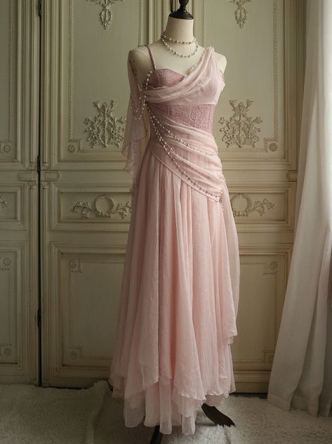 Elegant Pink Fantasy Dress - Fairy Evening Dress with Draped Pearls Plus Size - WonderlandByLilian Pink Fantasy Dress, Purple Elf, Cascading Layers, Simple Satin Wedding Dress, Nontraditional Wedding Dress, Champagne Evening Dress, Vintage Dress Shop, Wedding Dresses High Low, Dress Pearl