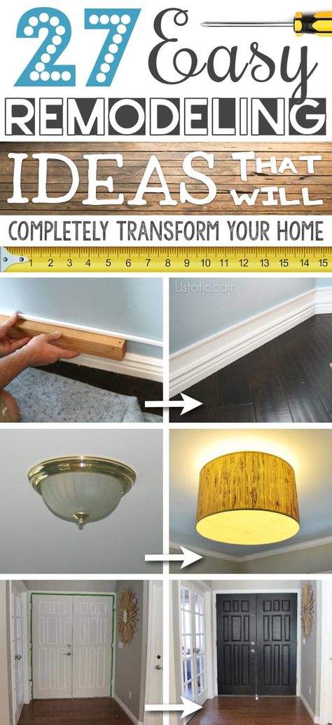 A list of some of the best home remodeling ideas on a budget. Easy DIY, cheap and quick updates for your kitchen, living room, bedrooms and bathrooms to help sell your house! Lots of before and after photos to get you inspired! Fixer Upper, here we come. Listotic.com Diy Remodeling Ideas On A Budget, Do It Yourself Decoration, Shelves Diy, Home Improvement Loans, Diy Casa, Home Decor Hacks, Inspire Me Home Decor, Diy Remodel, Selling Your House