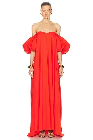 CAROLINE CONSTAS Palmer Off Shoulder Maxi Dress in Madder Red | FWRD Jetset Lifestyle, Off Shoulder Maxi Dress, Caroline Constas, Asymmetrical Skirt, Red Outfit, Shades Of Red, Dress Red, Jet Set, Red Dress