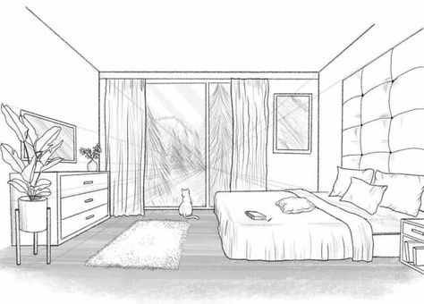 How To Draw A Bed In One Point Perspective, 1 Point Perspective Interior Design, One Way Perspective Drawing, Perspective One Point Room, Perspective Drawing Room Interior Design, One Point Perspective Interior Drawing, Interior Design One Point Perspective, Perspective 1 Point Room, How To Draw Room Design