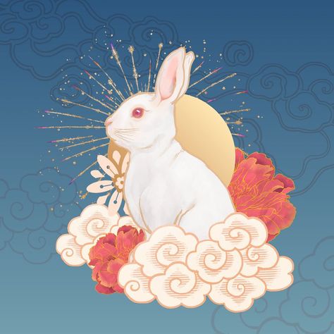 Oriental blue rabbit, Chinese zodiac animal, editable design | premium image by rawpixel.com / Kappy Rabbit Chinese Zodiac, Rabbit Chinese, Aesthetic Moon, Blue Rabbit, Chinese Zodiac, Flower Aesthetic, Mantra, Pattern Fashion, Moon