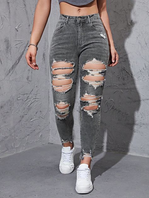 Grey  Collar  Denim Plain Skinny Embellished High Stretch  Women Clothing Grey Trousers Outfit, Trouser Outfit, Torn Jeans, Grey Trousers, Grey Jeans, Jeans For Sale, Cute Fits, Outfits Casuales, Women Clothing