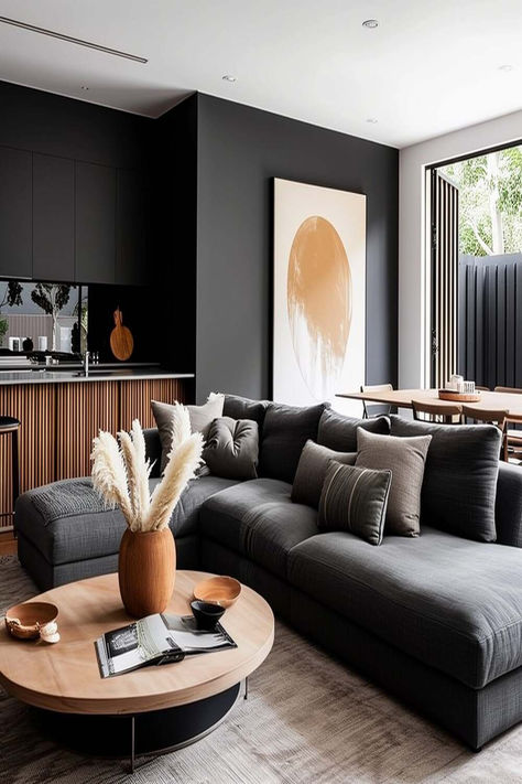 Modern Grey And Black Living Room, Accent Chairs For Dark Grey Couch, Airy Lounge Room, Living Room Decor For Dark Grey Couch, Grey Couch And Chair Living Room, Gray Wall Apartment Decor, Grey Living Room Black Sofa, Slate Gray Couch Living Room, Living Room Designs With Dark Grey Couch