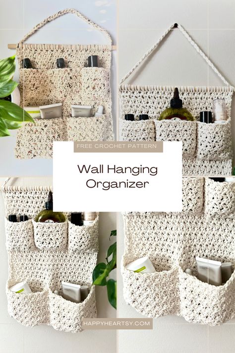 Wall Hanging Organizer Free Crochet Pattern Crochet Office Decor Free Pattern, Useful Crochet Items, Crochet Hat Hanger, Crochet Gifts Free Pattern, Beginners Crochet Projects, Crochet Office Decor, Crochet Household Items, Crochet Wardrobe, Wall Hanging Organizer