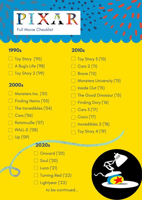 current complete Pixar film checklist. Including new releases 1995-2022. movie watch list rewatch. animated movies Toy story Monsters inc Finding Nemo The Incredibles Cars Ratatouille WALL-E Up Inside out Soul Luca Turning red Lightyear disney Disney And Pixar Movies List, Pixar Movie Marathon, Disney Movie List 2022, Disney Pixar Movies List, Disney Film Checklist, Best Pixar Movies, Dreamworks Animation Movies List, Disney Animated Movies List, 100 Disney Movies List