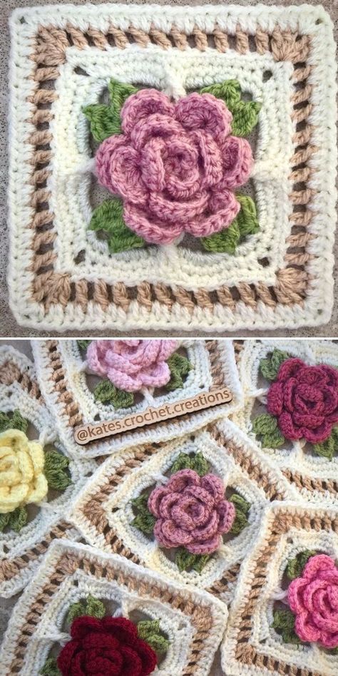 Amigurumi Patterns, Realistic Crochet, Crochet Flower Granny Square Pattern, Granny Square Pattern Free, Crochet Flower Squares, Crochet Roses, Granny Square Crochet Patterns, Granny Square Crochet Patterns Free, Crochet Blanket Designs