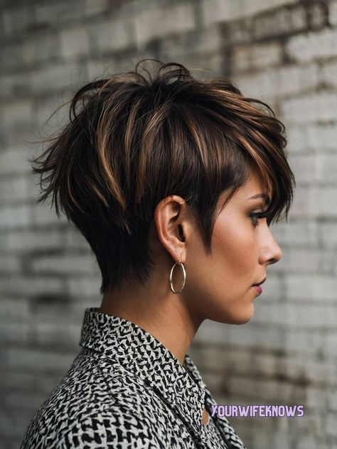 27 Fresh Pixie Cut Inspirations for a Dazzling Summer Pixie Hairstyles Color Ideas, Pixie Hairstyles With Highlights, Dark Brown Pixie With Highlights, Short Dark Brown Hair With Caramel Highlights Pixie, Back Of Head Pixie Haircut, Pixie Dark Hair With Highlights, Highlights On Pixie Haircut, Pixie With Money Piece, Short Haircuts With Undercut