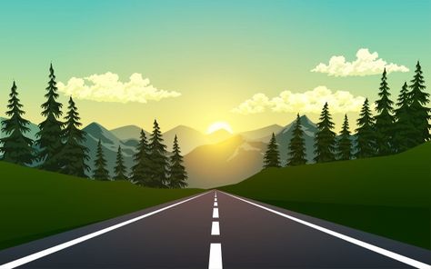 Empty road in the forest Premium Vector | Premium Vector #Freepik #vector #background #tree #nature #mountain Bonito, Foreground Middleground Background, Road Drawing, Cartoon Mountain, Background Tree, Road Vector, Landscape Wallpapers, Gacha Backgrounds, Empty Road