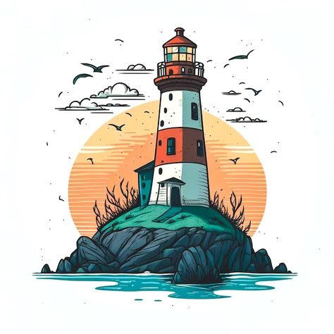 Lighthouse Art Illustration, Light House Sketch, Lighthouse Doodle, Light House Art, Sea Illustration Art, Lighthouse Sketch, Lighthouse Illustration, Nautical Illustration, Earth Day Drawing