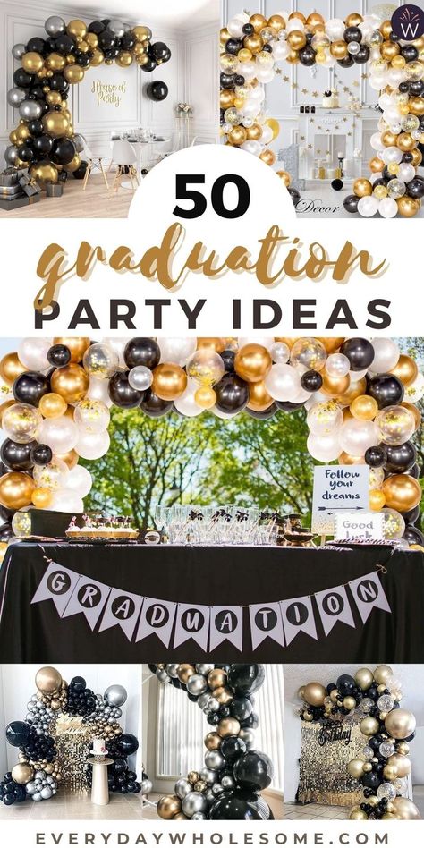 50 Graduation Party ideas, grad party decorations, decoration ideas, party decor, black & gold decor, backyard, affordable, cute & simple, easy, outdoor, games, lighting, trendy,  hosting outdoor party ideas inspiration for high school, college or school graduation. Balloon arch, table decor, place settings, photo booth backdrop, congrats, banners, black gold confetti, centerpiece, #graduationpartydecor #gradparty #graduationparty #gradpartydecor #outdoorparty #outdoorgradparty #balloonarch Ballon Arch Back Drop For Graduation, Diy Photo Booth Backdrop Graduation, Graduation Party Balloon Centerpieces, Photo Booth Ideas Graduation Party, Photo Booth For Graduation Party, Black And Gold Graduation Party Decorations, Graduation Party Photo Booth Ideas, Graduation Balloon Arch Backdrop, Graduation Balloon Photo Backdrop