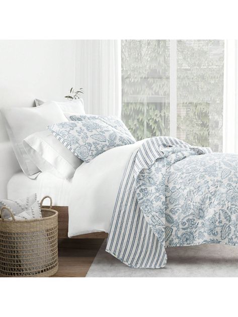 Dusty Blue  Collar     Embellished   Bedding Quilt Bedding Set, Preppy Blue Bedding, Modern Farmhouse Bed Set, Floral Blue Bedding, Blue Layered Bedding, King Size Comforter Sets Farmhouse, Blue And White Bedding Aesthetic, White Bedding Blue Accents, Modern Coastal Bedding Ideas