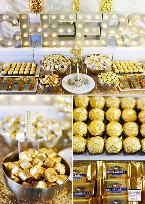 | THE GOLD TREND: How to Set Up a Holiday Gold Candy Table! | http://soiree-eventdesign.com Gold Dessert Ideas, Gold Candy Table, Eid Moubarak, 50th Wedding Anniversary Decorations, Golden Party, Golden Birthday Parties, Gold Dessert, Bar A Bonbon, Wedding Anniversary Decorations