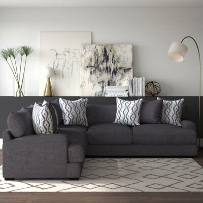 This 3-piece sectional features an L-shaped corner silhouette that seats five people, making it ideal for game night or a movie marathon. It has a solid and engineered wood frame that's wrapped in textured polyester-blend fabric. Foam-filled cushions and sinuous spring seat construction provide plenty of support as you stretch out and relax after a long day. Recessed arms and tailored stitching round out this modern design with a flourish. Toss pillows are also included for another layer of comf Dark Grey Couch Living Room, Dark Brown Couch Living Room, Grey Sofa Living Room, Brown Couch Living Room, Large Sectional Sofa, Grey Couch, Grey Couch Living Room, Couch Living Room, Beige Living Rooms