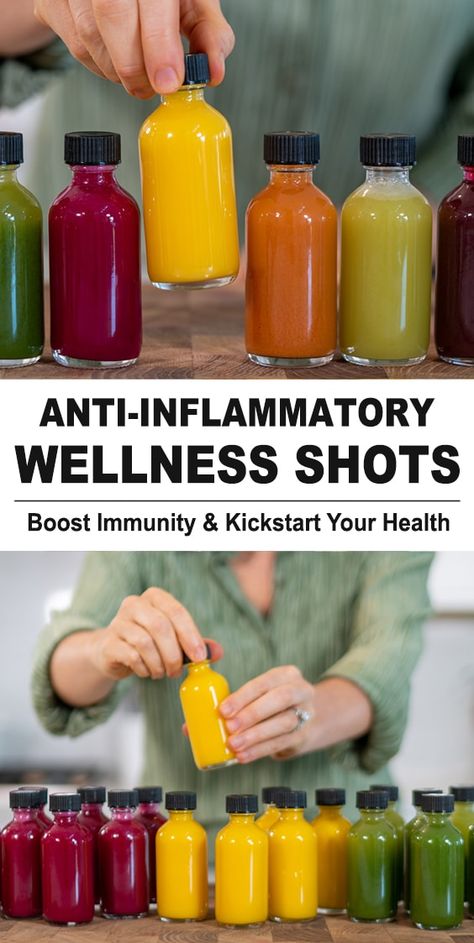 6 Wellness Shots to Boost Immunity, Fight Inflammation, & Boost Your Health | No juicer needed! - Feelin Fabulous Shot Recipes, Collagen Smoothie, Turmeric Shots, Anti Inflammation Recipes, Ginger Shot, Wellness Shots, Boost Immunity, Juicer Recipes, Healthy Juice Recipes