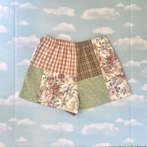 Handmade Floral Plaid Patchwork Shorts Designed... - Depop Couture, Patchwork, Upcycling, Patchwork Shorts Diy, Patchwork Clothes Aesthetic, Plaid Upcycle, Patchwork Sewing Ideas, Patchwork Clothes Diy Free Pattern, Small Sewing Ideas