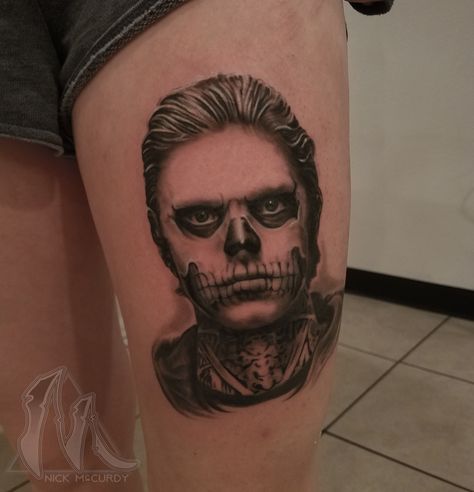 Tate from American Horror Story by Nick McCurdy @Dinkytown Tattoo in Minneapolis MN Tate Langdon Tattoo Ideas, Horror Lover Tattoos, American Horror Story Tattoos, Tiny Horror Tattoo, American Horror Story Tattoo Ideas, Ahs Tattoo Ideas, Tate From American Horror Story, Ahs Tattoo, Horror Themed Tattoos
