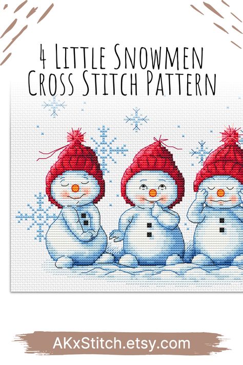 4 Little Snowmen Counted Cross Stitch Kit Pattern and PDF Digital Download. The design features four adorable snowmen wearing red Christmassy hats and making a wish, beautiful snowflakes around them. Great handmade gift idea for Christmas or living room wall art decor. Available as a Digital PDF, Printed Chart or Complete Kit. Free Christmas Embroidery Patterns, Christmas Embroidery Ideas, Snowman Cross Stitch, Snowman Cross Stitch Pattern, Stencil Patterns Templates, Handmade Gift Idea, Christmas Embroidery Patterns, Wall Art Decor Living Room, Cross Stitch Baby