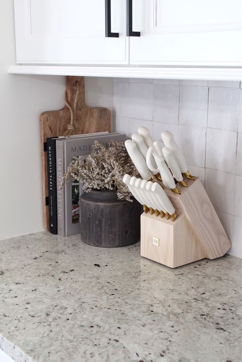 Lazy Susan Styling, At Home Essentials, Modern Knife Set, Kitchen Counter Knife Block, Kitchen Counter Decor Dark Cabinets, How To Change Kitchen Counter Tops, Kitchen Decor Organic Modern, Kitchen Counter Decor Knife Block, Kitchen Knife Sets