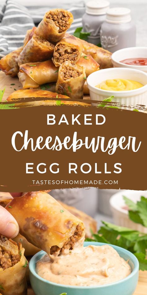 Baked cheeseburger egg rolls are an irresistible and unique appetizer, meal, or snack. They are easy to make, with store-bought egg roll wrappers stuffed with ground beef, sharp cheddar cheese, diced onion, and relish. The egg rolls are baked until golden and crispy, giving them a crunchy texture that perfectly pairs with the juicy and savory filling. Baked Cheeseburger Eggrolls, Easy Eggroll Ideas, Baked Eggroll Recipes, Egg Rolls With Ground Beef, Unique Ground Beef Recipes, Egg Rolls Recipes, Recipes Using Egg Roll Wrappers, Baked Cheeseburger, Egg Rolls Baked