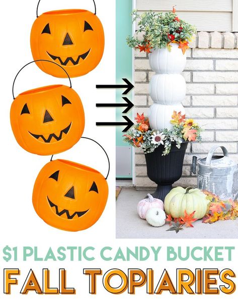 Turn those cheap plastic pumpkin candy buckets into a gorgeous fall topiary. Cheap and easy fall craft idea to decorate your porch! Thanksgiving Dec, Pumpkin Topiaries, Fall Topiaries, Harvest Ideas, Fundraiser Baskets, Houses Decor, Candy Buckets, Topiary Diy, Pumpkin Topiary