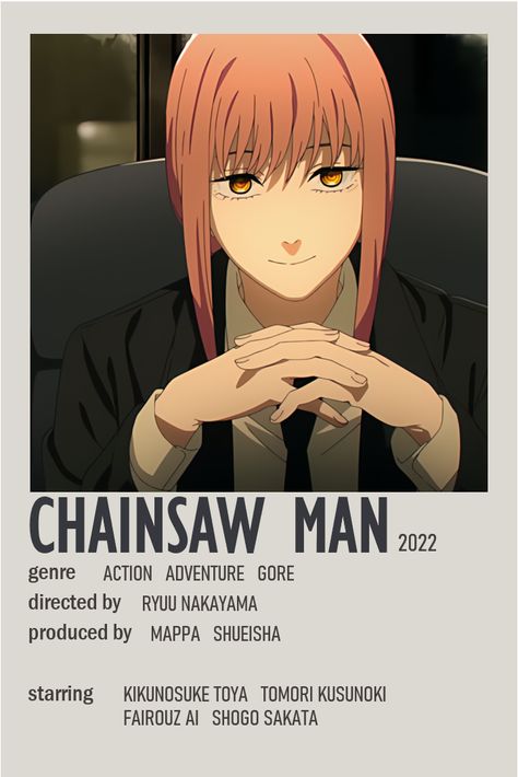 Chainsawman Movie Poster, Spyxfamily Minimalist Poster, Anime To Watch Horror, Movie Anime Poster, Anime Minimalistic Poster, Anime Recommendations Poster, Room Posters Anime, Anime Minimalist Wallpaper, Minimalist Poster Music