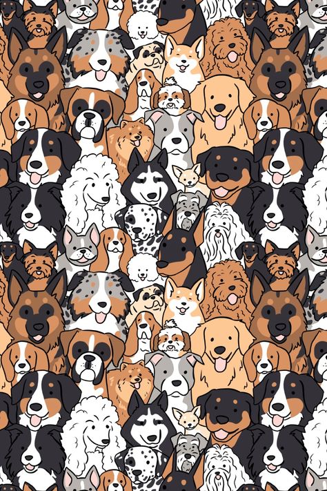 Dogs breeds, so many dog breeds illustration pattern for all the dog lovers Dogs Cartoon Wallpaper, Cartoon Dog Wallpaper, Boxer Dog Wallpaper, Dog Pattern Illustration, Dog Pattern Wallpaper, Dog Illustration Design, Doberman Rottweiler, Dog Illustration Art, Dogs Poster