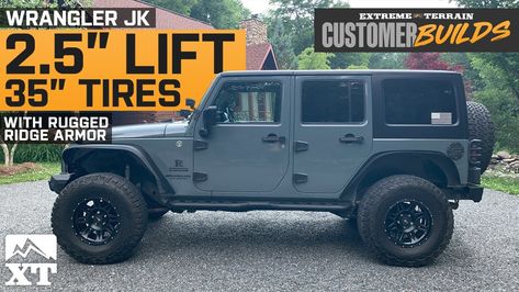 A jeep wrangler with a 2.5-inch lift can accommodate 35-inch tires. This combination enhances off-road performance and ground clearance, allowing for better obstacles clearance and increased control and flexibility on rough terrains. Jeep Wrangler 35 Inch Tires, Jeep Tires, Jeep Jk Unlimited, 2015 Jeep Wrangler Rubicon, Jeep Wrangler Models, Jeep Wrangler Lifted, 2015 Jeep Wrangler Unlimited, Jeep Jku, Jeep Car